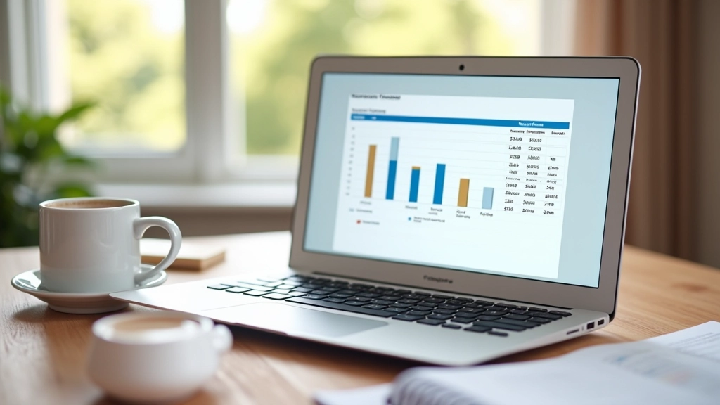 Laptop affichant un tableau de suivi des revenus avec graphiques et données