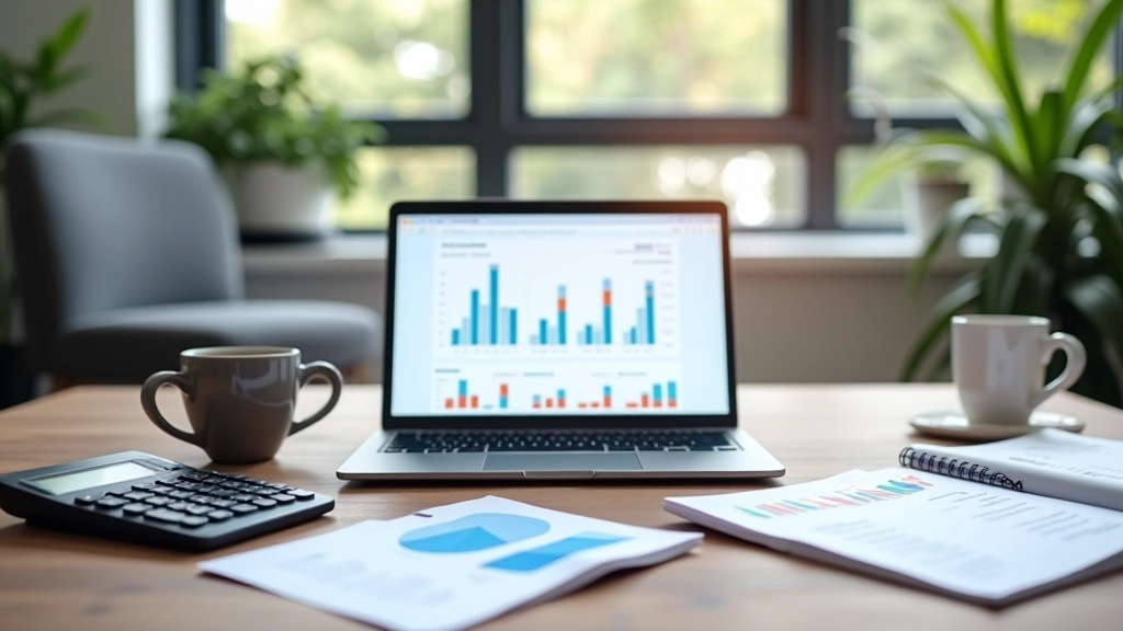 Espace de travail professionnel pour la gestion financière avec ordinateur portable et documents