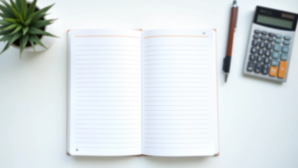 Bureau avec cahier de notes ouvert, stylo et calculatrice sur surface blanche