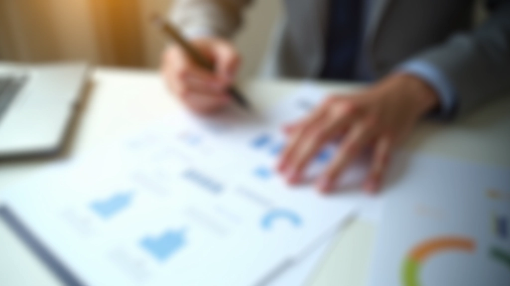 Mains d'une personne tenant un stylo, analysant des documents financiers et des factures sur un bureau blanc