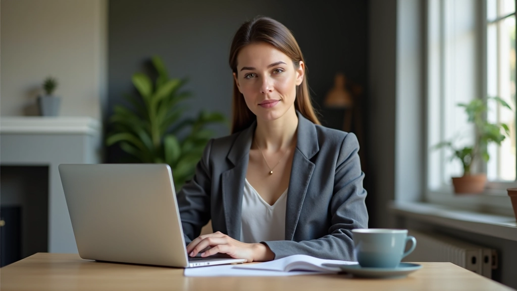 Femme à son bureau avec laptop ouvert, café à côté, concentrée sur son travail