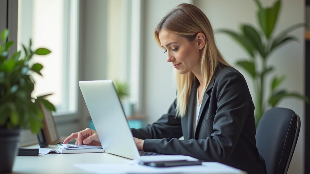 Femme regardant son écran d'ordinateur portable dans un espace de travail moderne