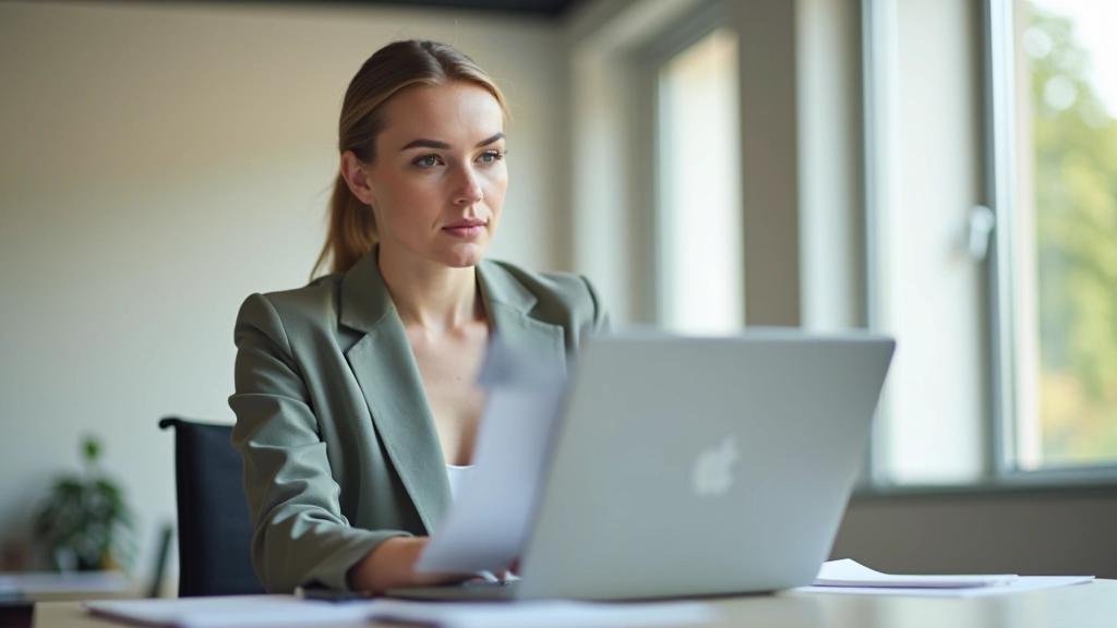 Femme concentrée sur son ordinateur portable dans un espace de travail lumineux, gérant ses finances professionnelles