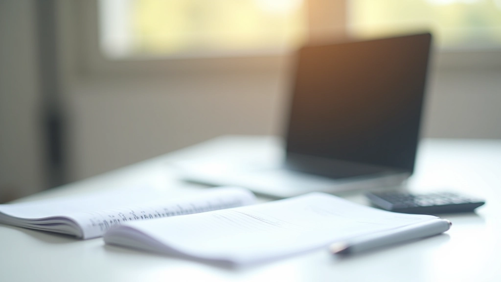 Espace de travail moderne avec ordinateur portable, cahier de gestion financière et stylo sur bureau blanc